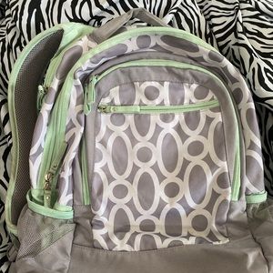 Grey white green backpack